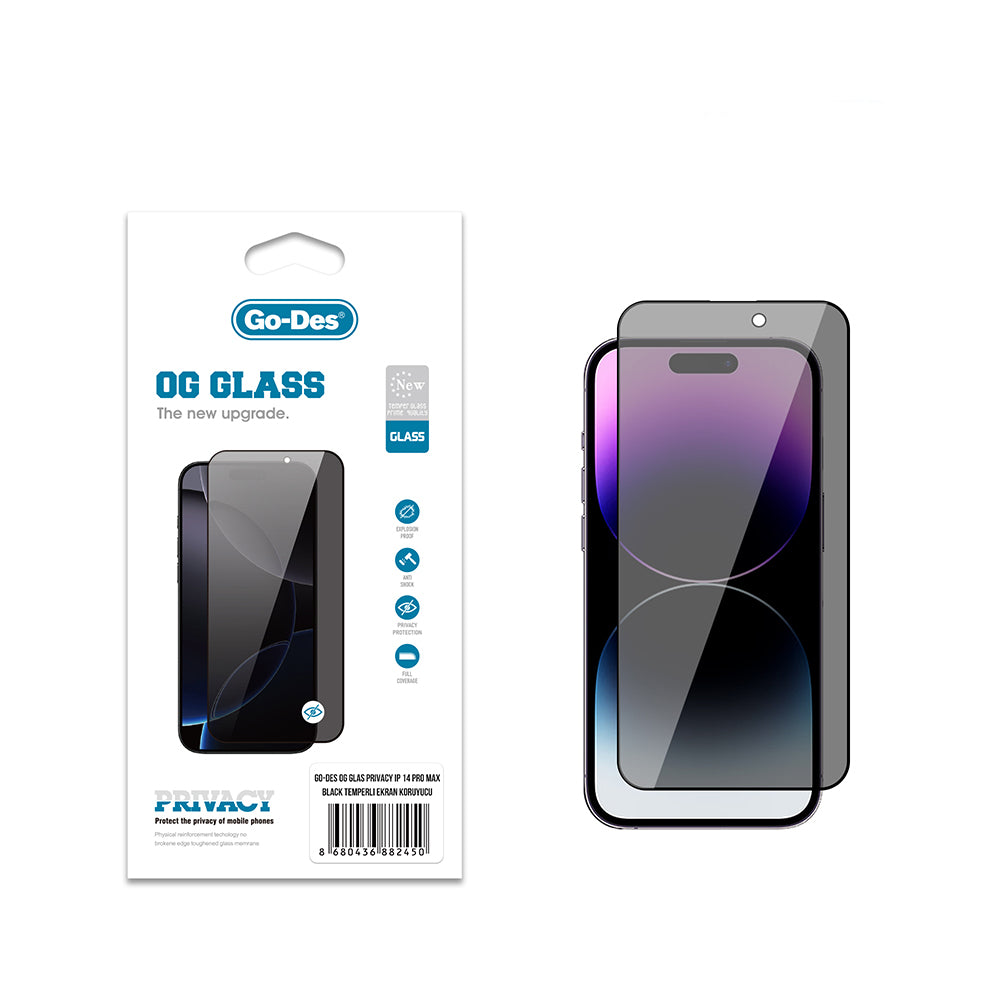 Go Des OG Glass iPhone 14 Pro Max Privacy Antistatik Temperli Cam Ekran Koruyucu Go Des OG Glass iPhone 14 Pro Max Privacy Antistatik Temperli Cam Ekran Koruyucu